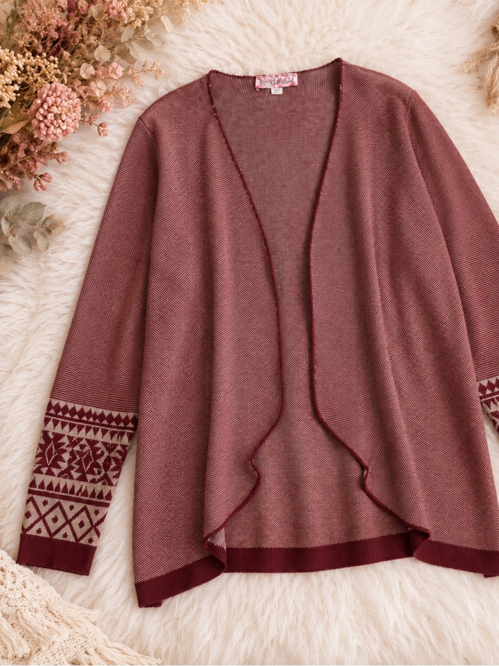 Women’s Open-Front Patterned Sleeve Sweater Cardigan - Rose/Maroon